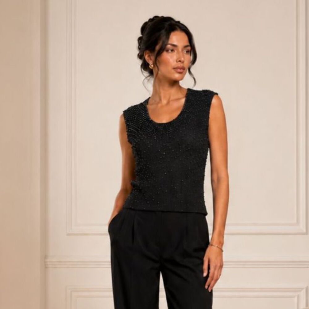 VTG Talk Of The Walk Beaded Sleeveless Sweater Blouse Black Size S M L